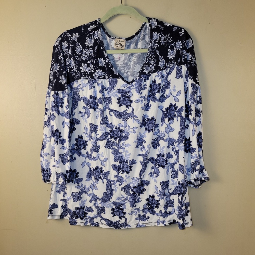 COMO‎ Vintage Women's Blue White Floral Peasant Boho Top Large 3/4 Sleeve...